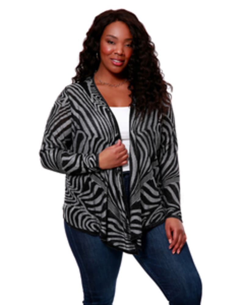 Front of a model wearing a size 1X Printed Tie-Front Cardigan in BLACK/WHITE by Belldini Black Label. | dia_product_style_image_id:245864